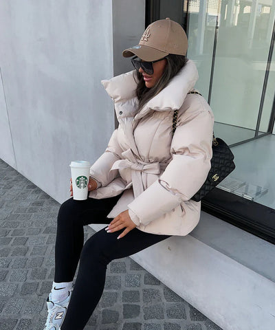 Beige Belted Puffer Coat