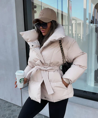 Beige Belted Puffer Coat